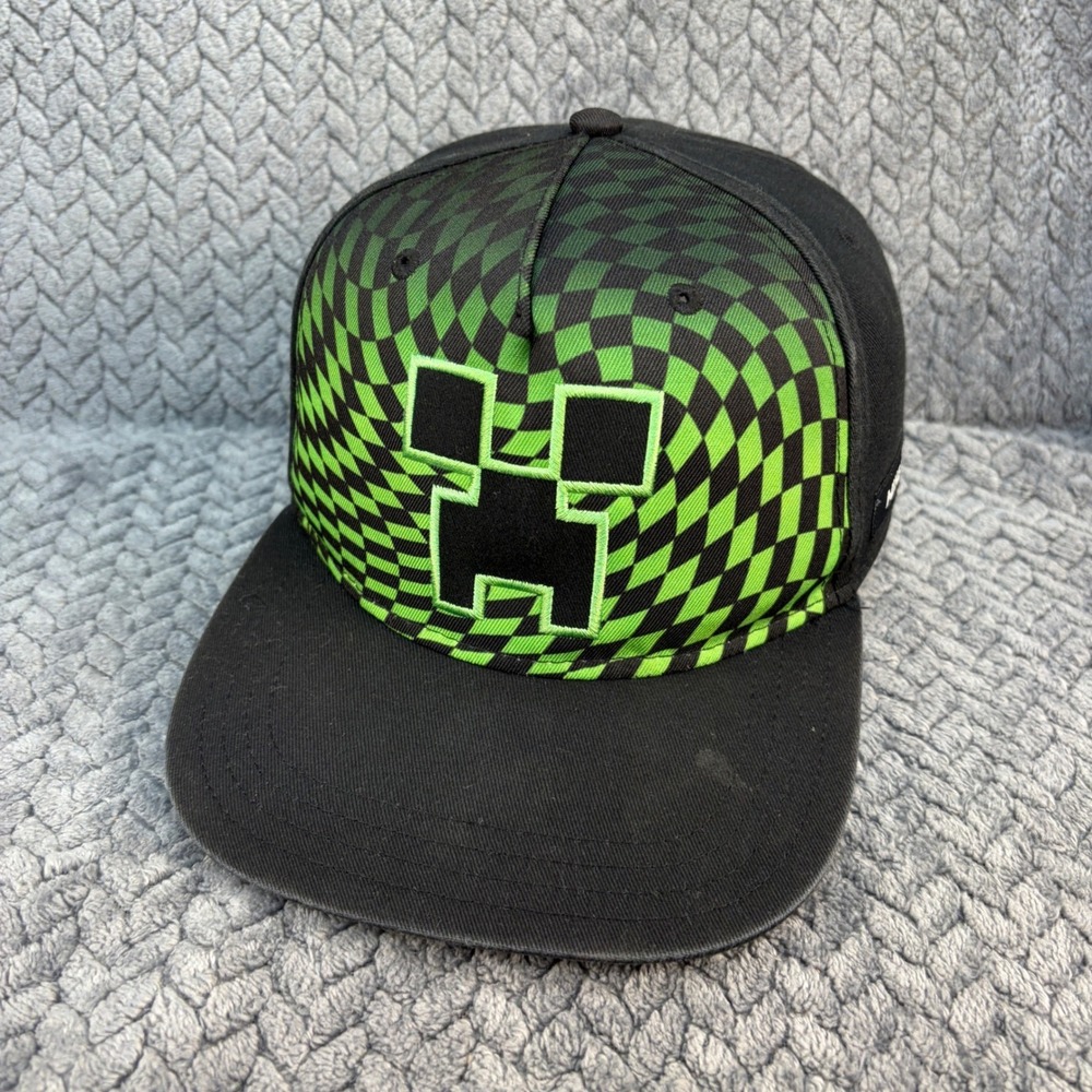 Minecraft Creeper Youth Snapback Hat Green Black Checkered Flat Brim Cap